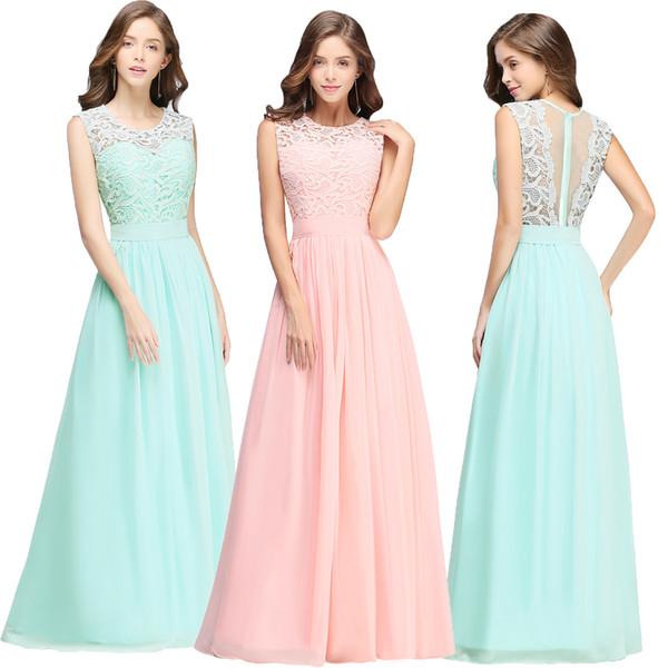 Real Image 4 Colors Cheap Bridesmaid Dresses Lace Top Chiffon Skirt Jewel Neck Sleeveless Floor Length Maid of Honor Gown IN STOCK CPS489