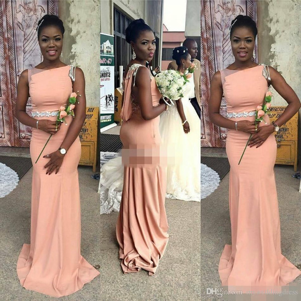 Elegant Mermaid Bridesmaid Dresses Crystal Wedding Guest Formal Evening Dresses Appliqued Sheath Coral Long 2017 Arabic Maid of Honor Gowns