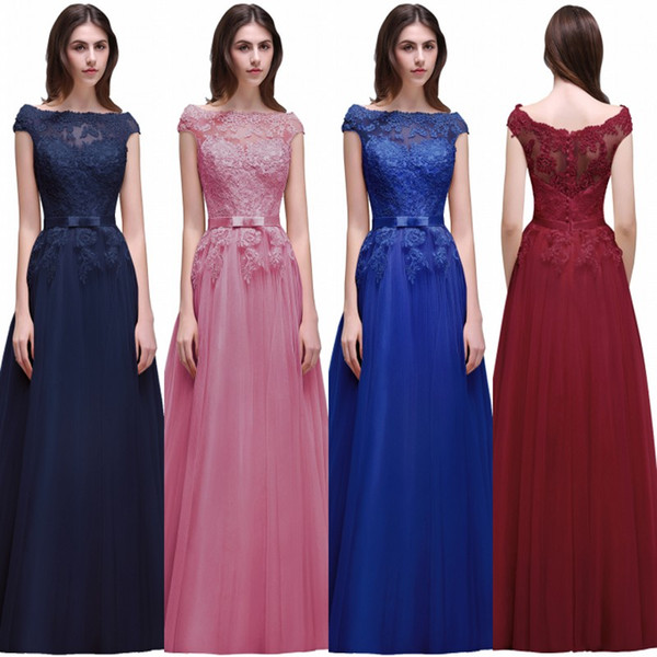 2022New Cap Sleeves Burgundy Prom Dresses A Line Bateau Neck Lace Appliques Long Train Evening Party Gowns Cheap under 60 Bridesmaid CPS495
