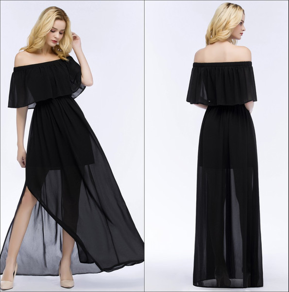 2018 New Bohemia Off The Shoulder Chiffon Long Bridesmaid Dresses Ruffles Side Split Floor Length Formal Party Summer Beach Dresses Cps680