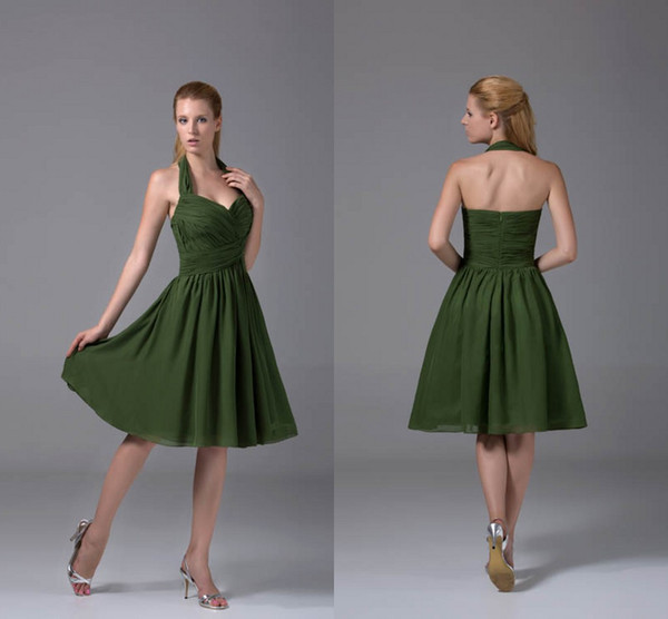 Olive Green Halter Neck Chiffon Cheap Short Bridesmaid Dresses Ruffles Pleats Formal Maid of Honor Dresses Wedding Guest Gowns WD4-093