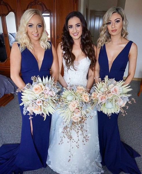 Navy Blue Mermaid Designer Bridesmaid Dresses Sexy V neck Formal Party Wedding Guest Dress Maid Of Honor Gowns BM0360