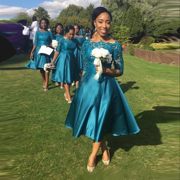 2019 Cheap Elegant Short Bridesmaid Dresses For Weddings Teal Satin Lace Half Sleeves Tea Length Plus Size Formal Gowns Custom Made