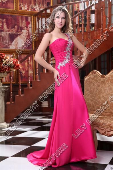 2015 Chiffon Bridesmaid Dresses One Shoulder Rose Evening Gowns Lace Appliques Court Train Real Actual Image Prom Dress DHYZ 02
