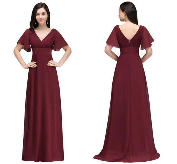 2018 New Burgundy Chiffon Designer Bridesmaid Dresses V Neck Short Sleeves A Line Maid Of Honor Gowns Cheap Designer Wedding Dresses CPS715
