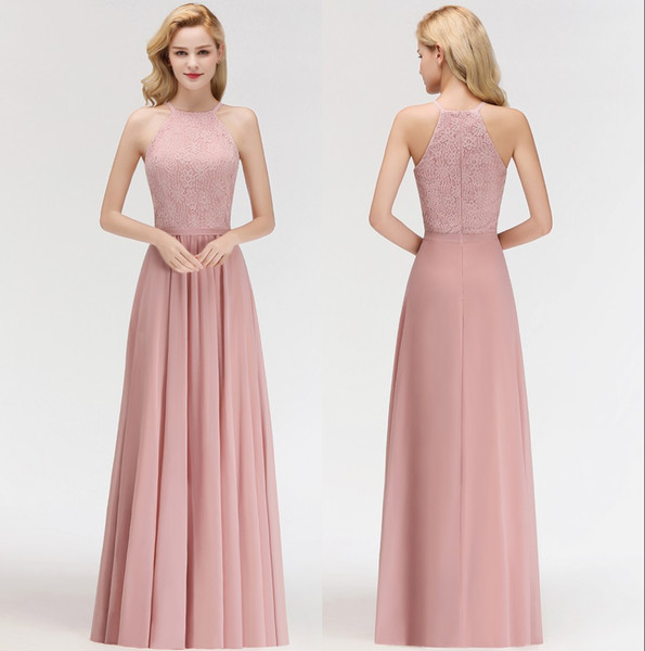 Chiffon Long Bridesmaid Dresses Halter Lace Top Ruched Wedding Guest Party Floor Length Maid Of Honor Dresses 100%Real Image BM0057