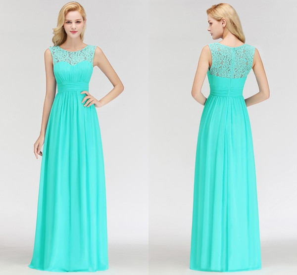 Aqua Summer Beach A Line Chiffon Long Bridesmaid Dresses Cheap Sheer Lace Top Sleeveless Pleats Floor Length Maid of Honor Gowns BM0052