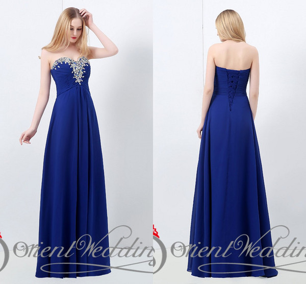 Latest Real Pictures Bridesmaid Dresses Sweetheart Crystal Strapless Chiffon Royal Blue Evening Prom Dresses