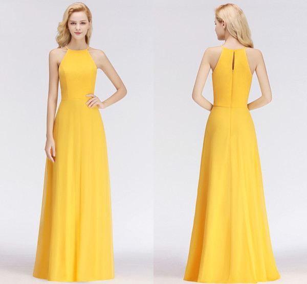Hot Sales Chiffon A Line Bridesmaid Dresses hater Neck Sleeveless Yellow Bridesmaid Gowns Floor Length BM0038