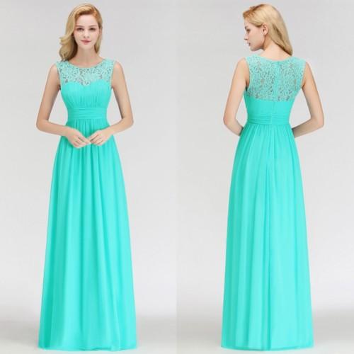 Elegant Lace Top A Line Bridesmaid Dresses A Line Chiffon Sleeveless Sheer Neckline Long Maid Of Honor Dresses Cheap BM0052
