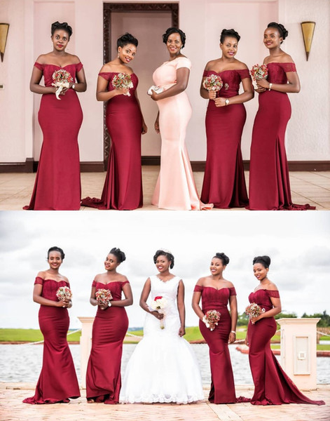 New Design Burgundy Mermaid Off Shoulders Long Bridesmaid Dresses Lace Appliqued Satin Wedding Party Guest Wear Arabic African Wear