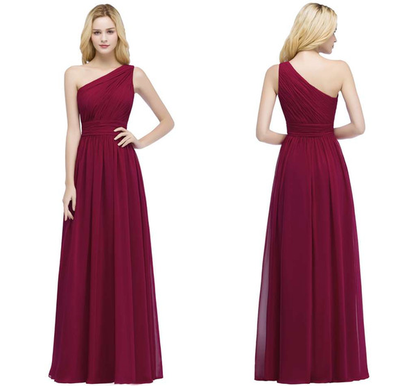 2018 New Elegant One Shoulder Chiffon Bridesmaid Dresses Cheap Ruffle Long Formal Maid of Honor Gowns Burgundy In Stock cps878