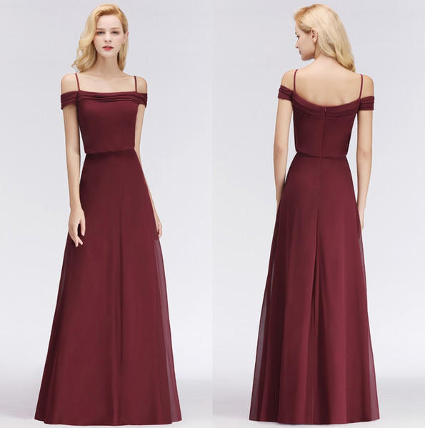 Bateau Burgundy Chiffon Long Bridesmaid Dresses Ruched Floor Length Wedding Guest Maid of Honor Dresses BM0036