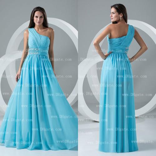 2015 A-line Floor Length Waist Beads One Shoulder Ruffle Chiffon Bridesmaid Dress Beach Wedding Event BD036