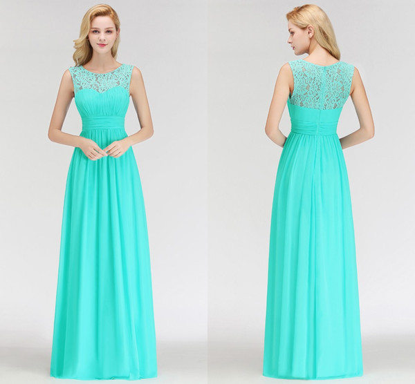 Elegant Lace Top A Line Bridesmaid Dresses A Line Chiffon Sleeveless Sheer Neckline Long Maid Of Honor Dresses Cheap BM0052