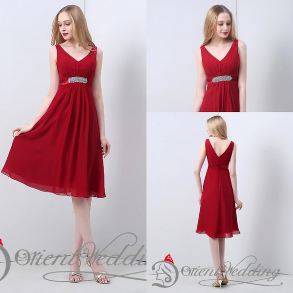 Fashion Newest V-neck Pleats Beaded Knee-length Chiffon Party Prom Evening Gown Elegant Designer Bridesmaid Dresses