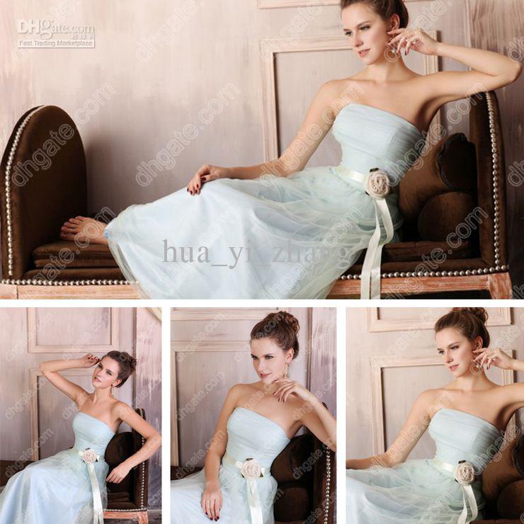 A-line Strapless Light Blue Tulle Chiffon Bridesmaid Dress Flower Floor Length Real Actual Images Dhyz 01