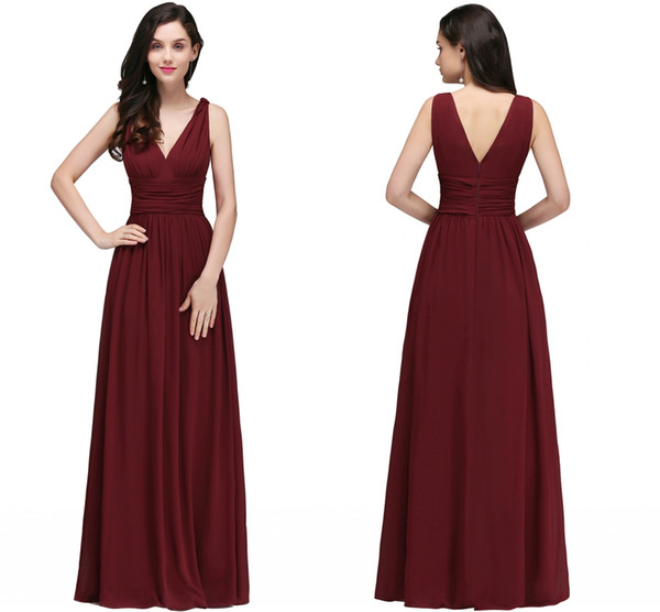 2018 New Designer Burgundy V Neck Long Bridesmaid Dresses A Line Chiffon Cheap Wedding Guests Gowns Floor Length Maid of Honor Gowns CPS723