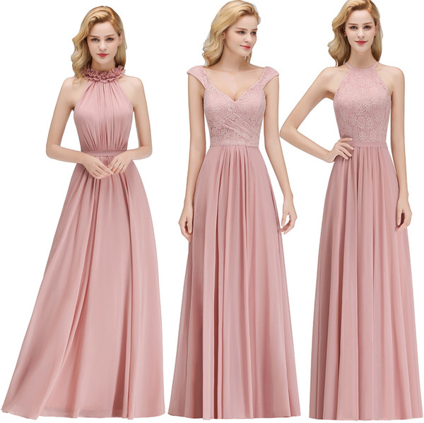Cheap Lace Chiffon Dusty Rose Bridesmaid Dresses Halter Neck Sheath Beach Prom Gowns For Wedding Guest Evening Dress BM0057
