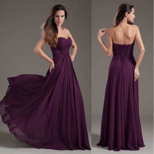 Summer Boho Chiffon Bridesmaids Dress Grape Pleats Lace-up Backless A Line Sweetheart Long Maid of Honor Gowns for Wedding Guest ZPT126