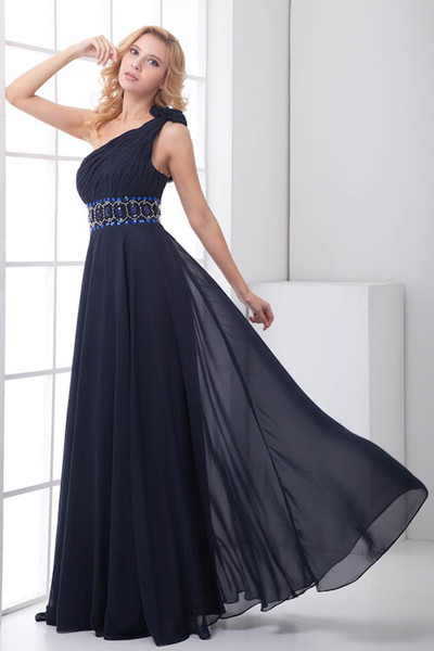 Navy Blue One Shoulder Beads Pleats Chiffon Cheap Long A Line Bridesmaid Dresses Formal Maid of Honor Dresses Wedding Guest Gowns ZPT202