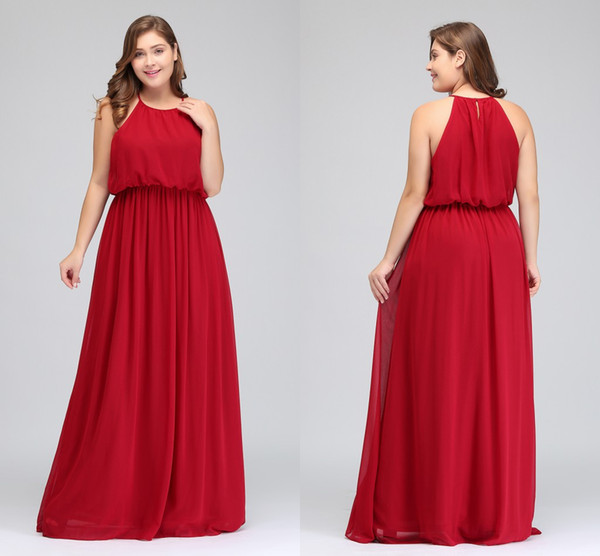 2018 Designer Long Plus Size Bridesmaid Dresses Cheap Red Chiffon Maid of Honor Gowns Floor Length Halter Prom Party Dress CPS618