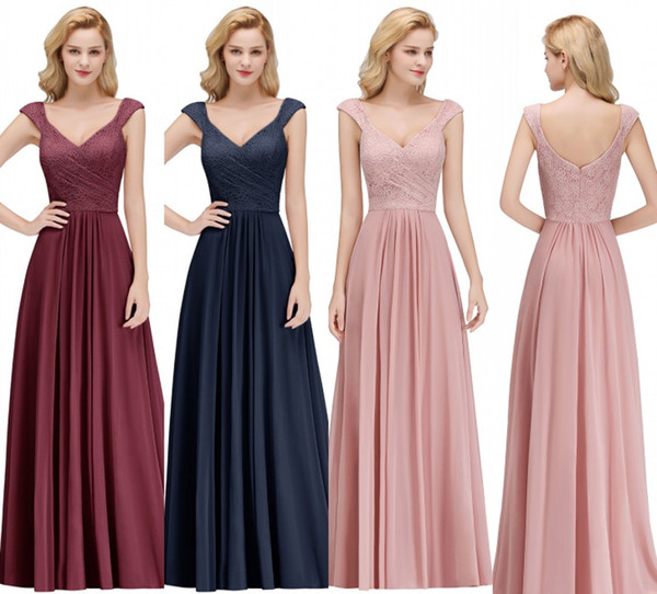 Cap Sleeve Chiffon Long Bridesmaid Dresses Lace Top Ruched Floor Length Wedding Guest Maid of Honor Party Dress 100% Real Image BM0055