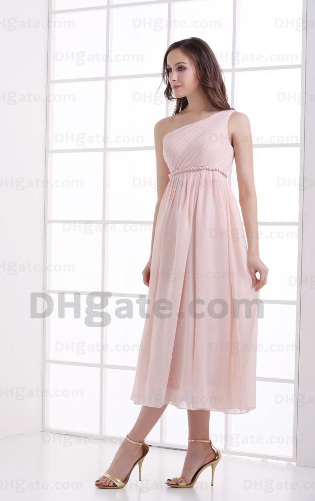 2015 Pink One Shoulder Pleated Chiffon Bridesmaid Dresses Empire Ribbon Tea Length Dresses MZ087