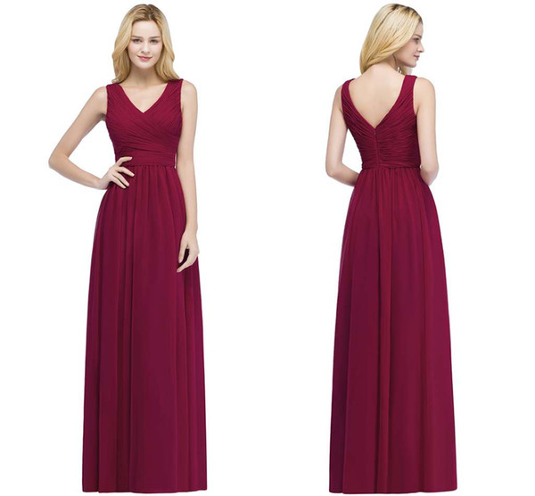 2018 In Stock V Neck Burgundy Bridesmaid Dresses Sleeveless Ruffle Chiffon Wedding Party Wear With Zipper Back Maid of Honor Gowns CPS870