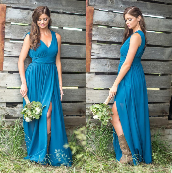 V Neck Chiffon Bohemia Long Bridesmaid Dresses Ruched Split Country Floor Length Wedding Guest Maid Of Honor Vestidos De Festa BM0625