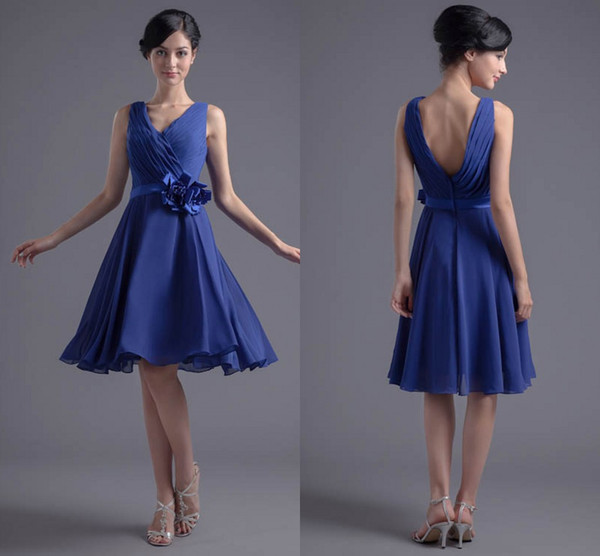 Royal Blue Simple Cheap Long Short Bridesmaid Dresses V Neck Chiffon Flowers Pleats Formal Maid of Honor Dresses Wedding Guest Gowns ZPT007