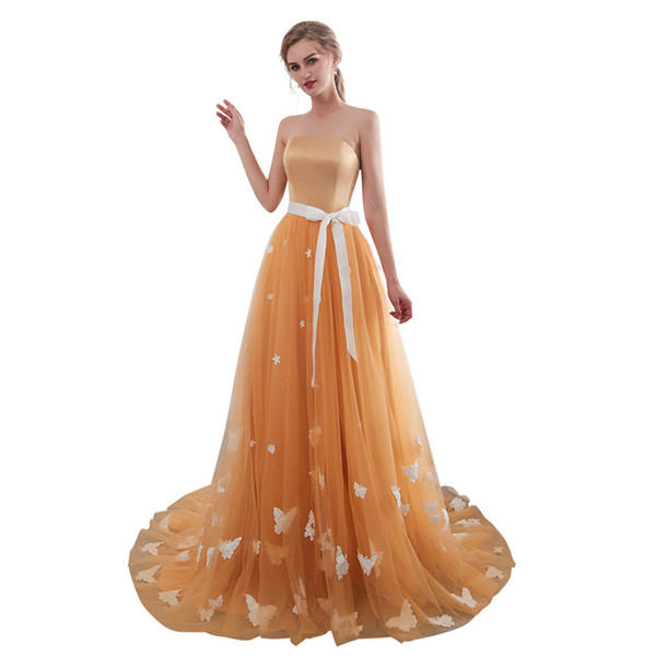 Cheap Strapless Bridesmaid Dresses A Line Gold Tulle Butterfly Appliques Maid Of Honor Wedding Guest Gown In Stock