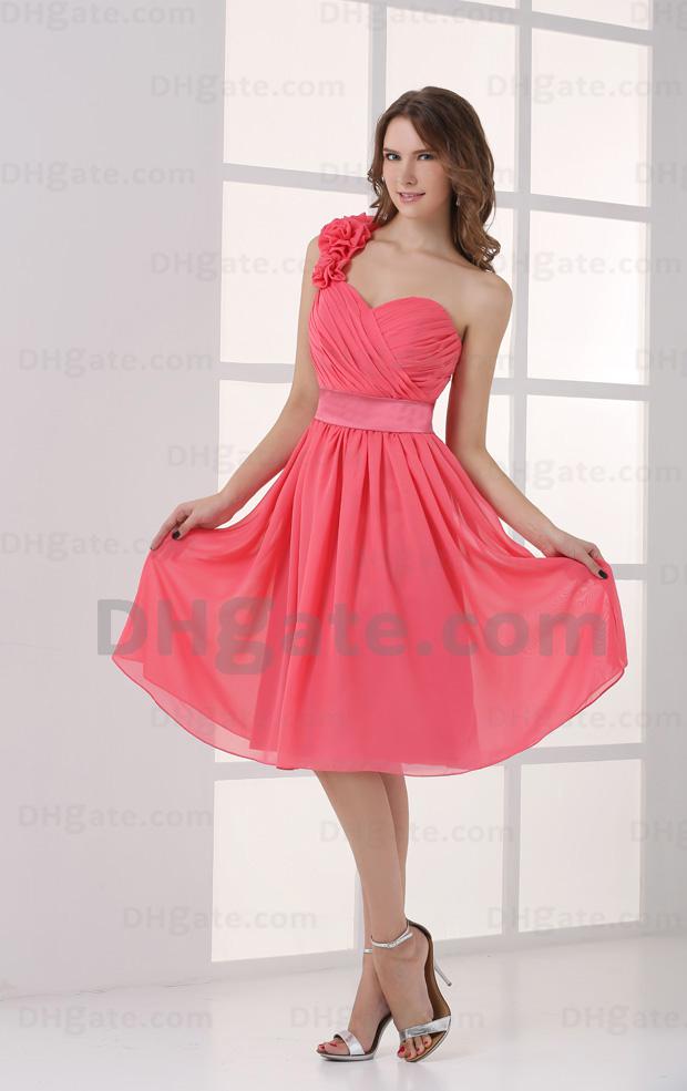 2015 Short A Line Water Melon One Shoulder Bridesmaid Dresses Handmade Flower Party Dresses MZ047