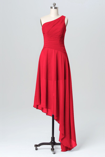 Custom Made Red Designer Bridesmaid Dresses Chiffon Asymmetrical Hem One Shoulder Ruched Maid of Honor Gown Wedding Guest Dress BM0239