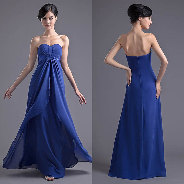 Long Bridesmaid Dresses Royal Blue Summer Beach Chiffon Pleated Dress Strapless Sweetheart Neck Evening Party Gowns ZPT029