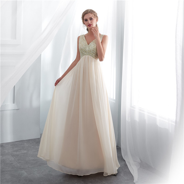 Real Image Chmapgne Sequins Bridesmaid Dresses V Neck Floor Length Maid Of Honor Wedding Guest Gown Cheap In Stock 2-16