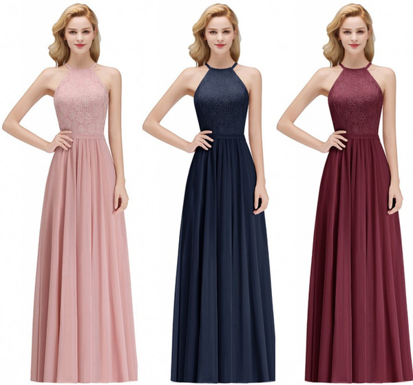 Under $40 Real Image Cheap Designer Blush Pink Bridesmaid Dresses Sexy Halter Lace Chiffon Floor Length Maid of Honor Gown CPS1072