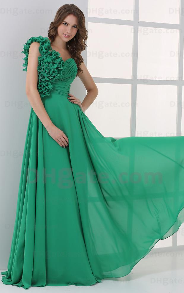 2015 Sexy Green A Line Party Dresses One Shoulder Prom Dresses Handmade Flower Sweep Train MZ045