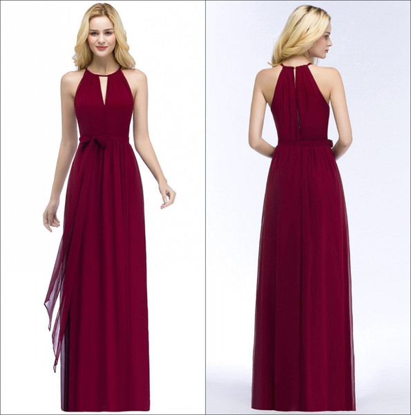 Halter Chiffon Long Bridesmaid Dresses Burgundy 2018 Ruched Floor Length Wedding Guest Maid Of Honor Dresses CPS868