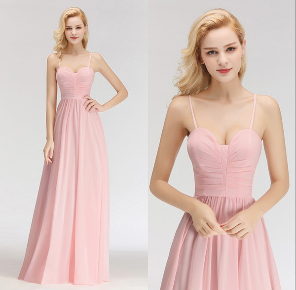 Chiffon Long Bridesmaid Dresses Spaghetti Straps Ruched Floor Length Wedding Guest Maid Of Honor Dresses BM0046