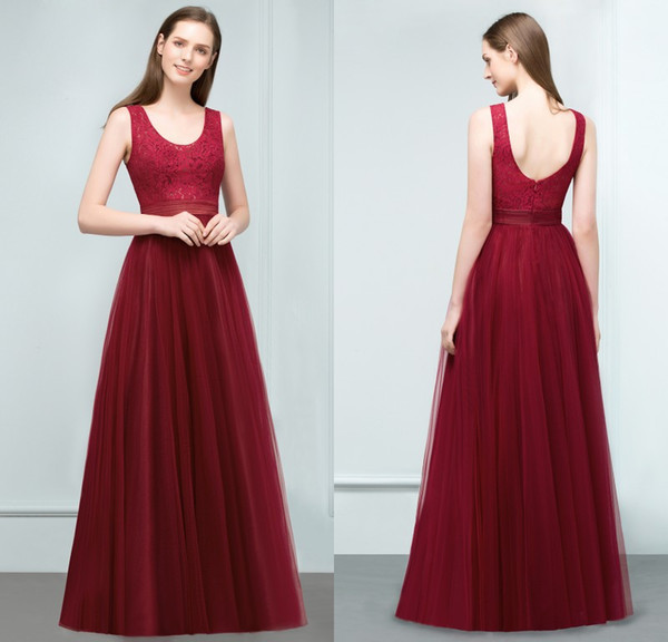 Real Pictures 2018 Cheap Burgundy Long Bridesmaid Dresses Scoop Tulle Floor Length Women Cheap Formal Prom Party Gowns CPS809