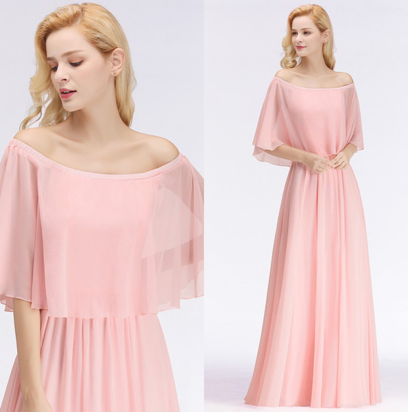 Chiffon Long Bridesmaid Dresses Pearl Pink Off The Shoulder Ruffles Mumu Bohemia Wedding Guest Party Maid Of Honor Dresses BM0047