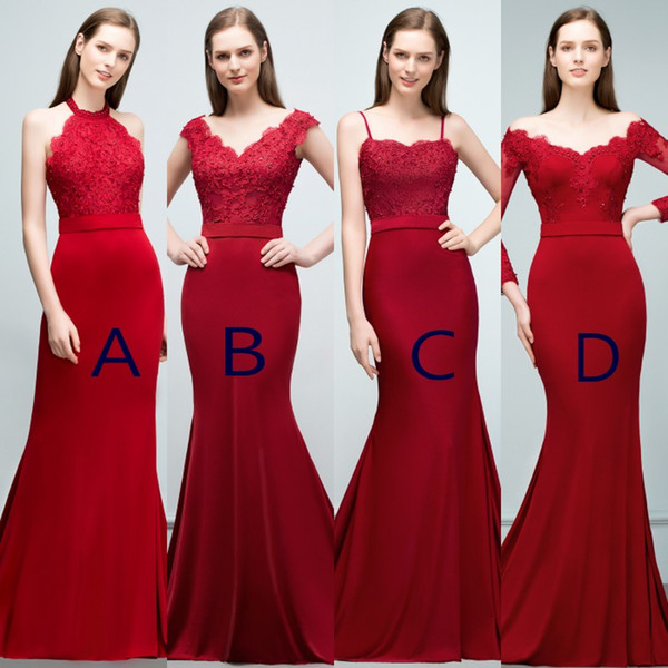 Mixed Styles Mermaid Burgundy Bridesmaids Dresses Appliques Top Floor Length Maid of Honor Gowns Evening Prom Dresses CPS796