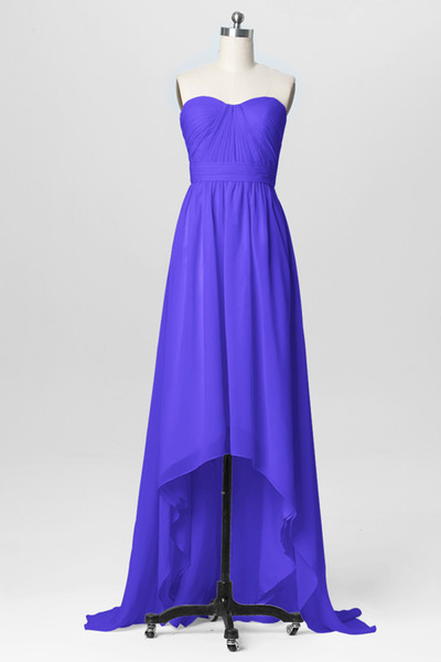 New Strapless Purple Designer Bridesmaid Dresses High Low Chiffon Ruched Beach Country Wedding Maid of Honor Gown BM0227