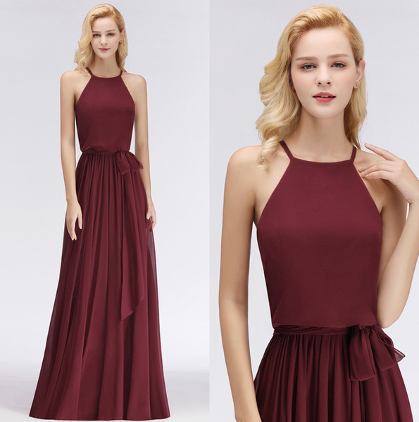 Burgundy Halter Chiffon Long Bridesmaid Dresses Plus Size Ruched Sash Wedding Guest Party Maid Of Honor Evening Dresses BM0035