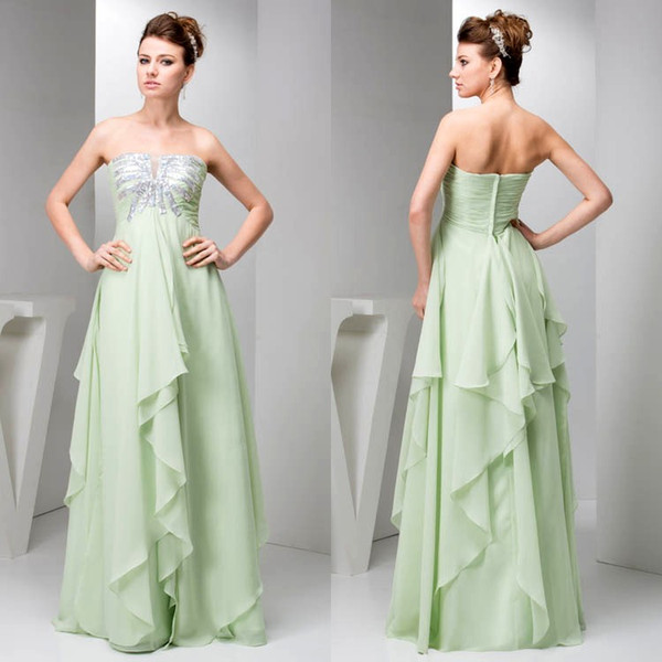 Hot Sales Strapless Chiffon Long Bridesmaid Dresses Mint Green Cascading Ruffles Sequins Evening Party Gowns Country Style WD4-1220