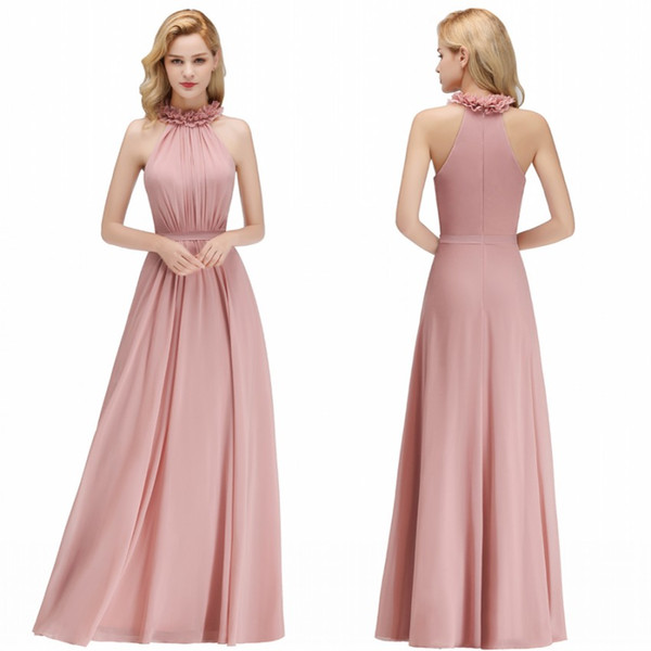 New Arrival Custom Make Pink Chiffon Bridesmaids Dresses A Line Halter Neck Summer Boho Beach Wedding Guest Evening Prom Gowns BM0044