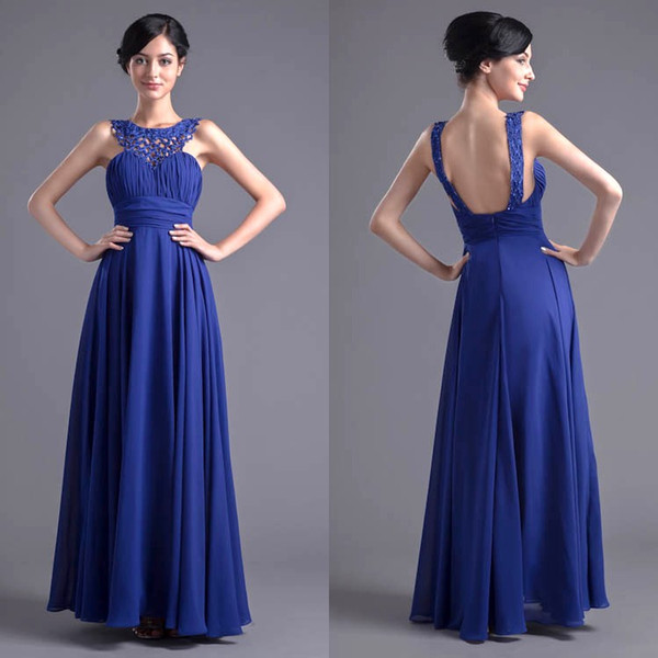 Royal Blue A Line Chiffon Long Bridesmaid Dresses Lace Neckline Sexy Backless Maid Of Honor Gowns Wedding Guest Party Wear ZPT021