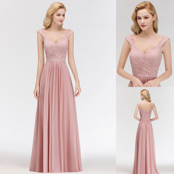2019 Newest Blush Pink Capped Sleeves Bridesmaid Dresses Chiffon Lace Floor Length Beach Garden Maid of Honor Gown CPS1071