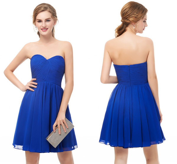 2018 Modest Royal Blue Short Bridesmaid Dresses Sweetheart Pleats Chiffon A Line Maid Of Honor Dresses Cheap CPS1023